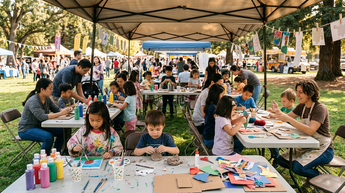 Children creating hands-on art projects at Sunnyvale's family arts festival